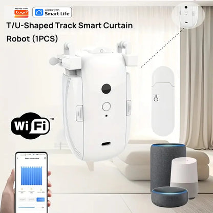 Smart Wi-Fi Curtain Robot with Wi-Fi Gateway, App Remote Control, Automatic Opening and Hand Pull Start, Compatible with Alexa (1 or 2 Pieces)