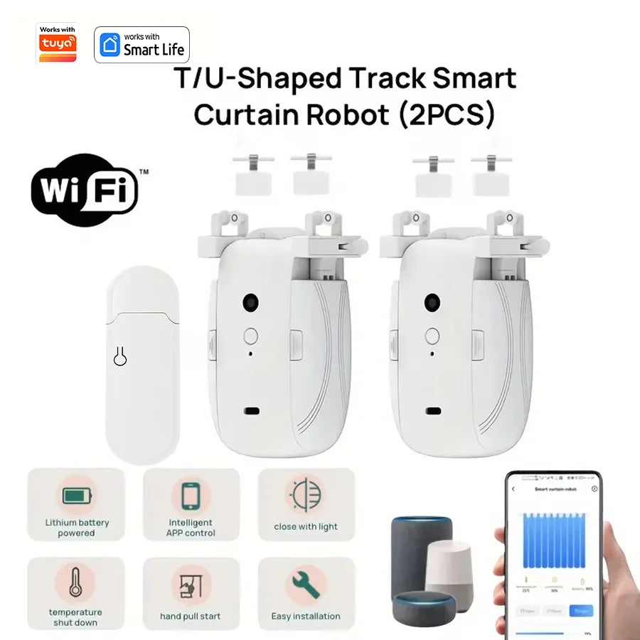 Smart Wi-Fi Curtain Robot with Wi-Fi Gateway, App Remote Control, Automatic Opening and Hand Pull Start, Compatible with Alexa (1 or 2 Pieces)