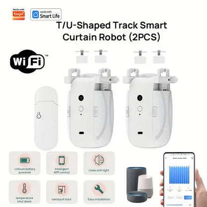 Smart Wi-Fi Curtain Robot with Wi-Fi Gateway, App Remote Control, Automatic Opening and Hand Pull Start, Compatible with Alexa (1 or 2 Pieces)