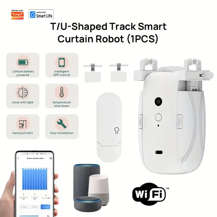 Smart Wi-Fi Curtain Robot with Wi-Fi Gateway, App Remote Control, Automatic Opening and Hand Pull Start, Compatible with Alexa (1 or 2 Pieces)